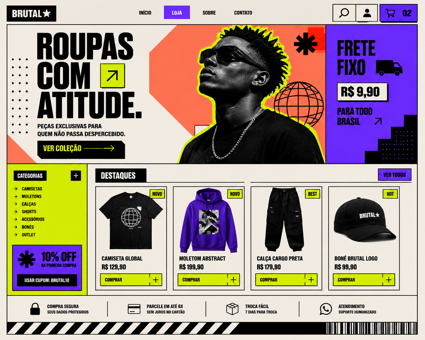 Exemplo de uma loja digital irreal com estética neo brutalista, com cores vibrantes e bordas destacadas
